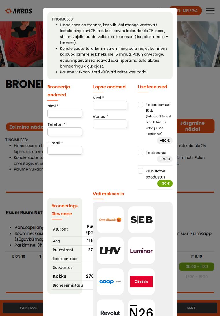 Akros – sünnipäevade broneerimissüsteem – tahvli vaade