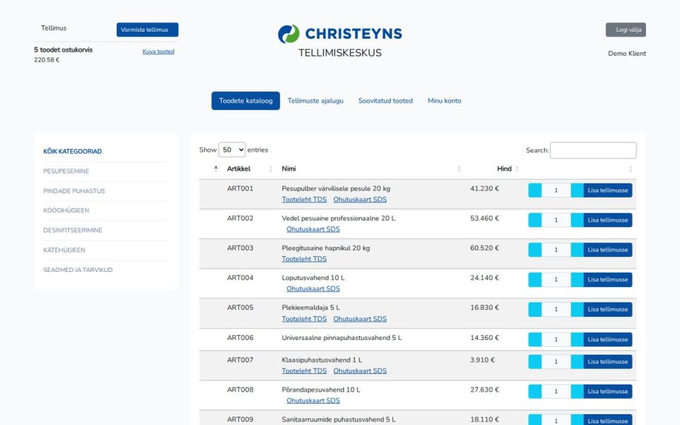 Christeyns – B2B ordering portal – desktop view