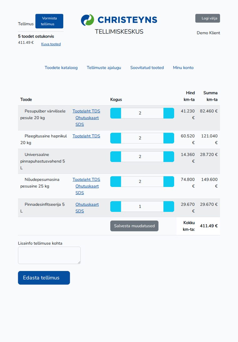 Christeyns – B2B ordering portal – tablet view