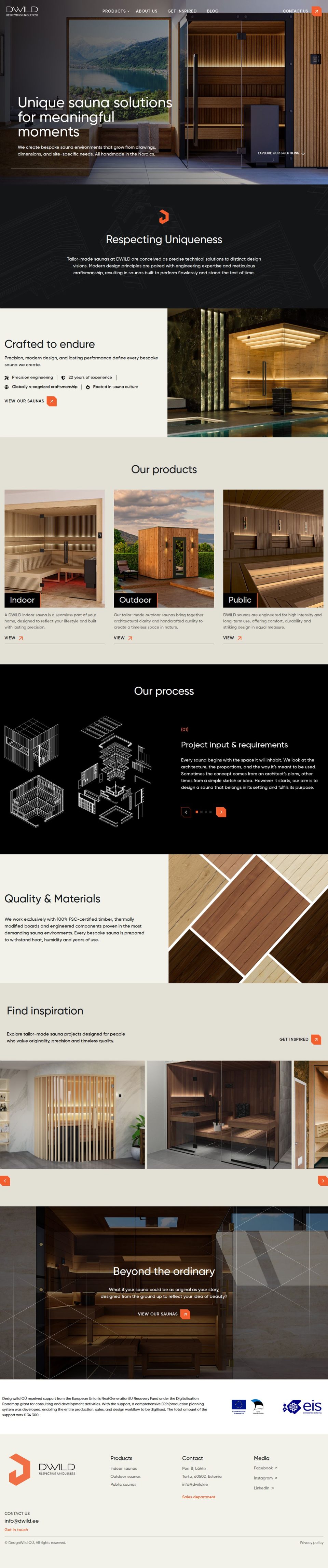 DWILD – custom sauna manufacturer website – desktop view