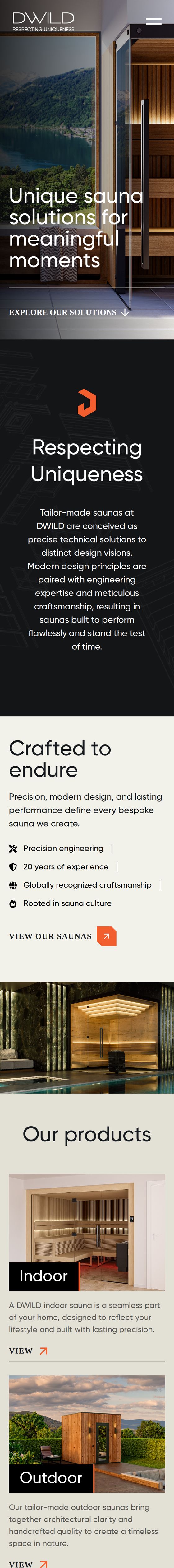 DWILD – custom sauna manufacturer website – mobile view