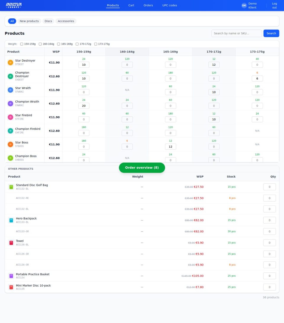 Innova Europe – B2B ordering portal – desktop view