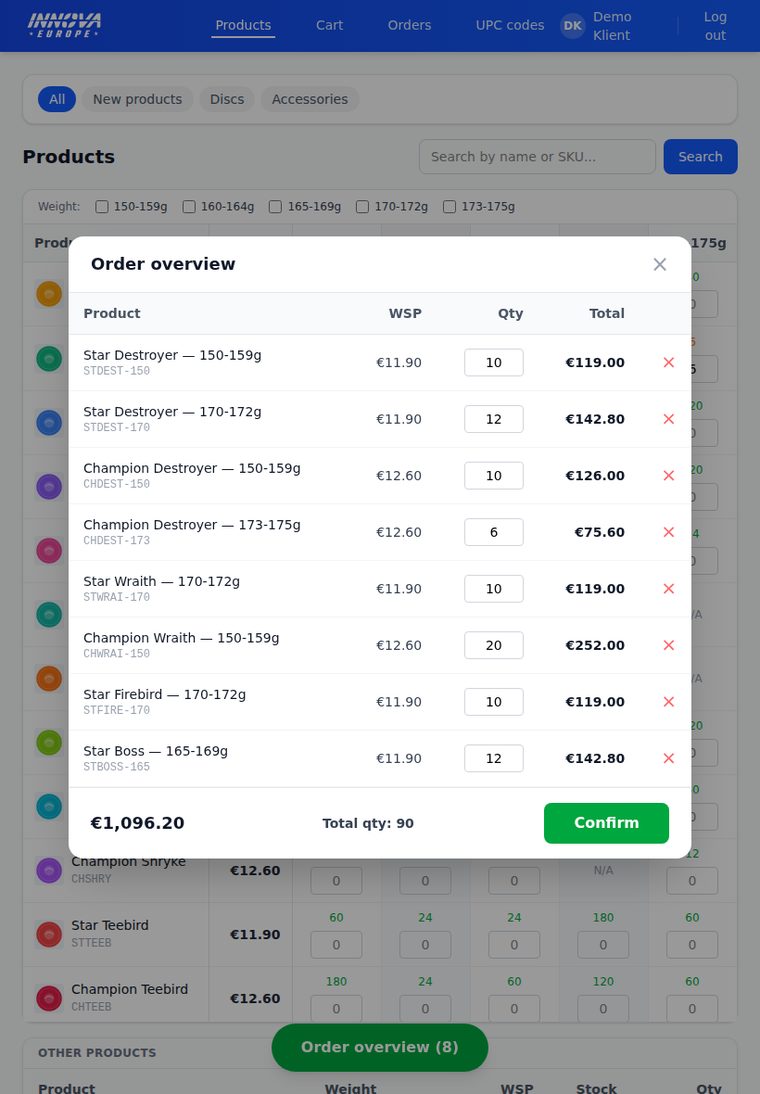 Innova Europe – B2B ordering portal – tablet view