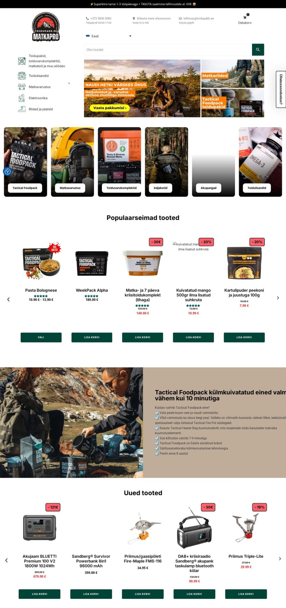 Toidupakk.ee – outdoor food and gear online store – desktop view
