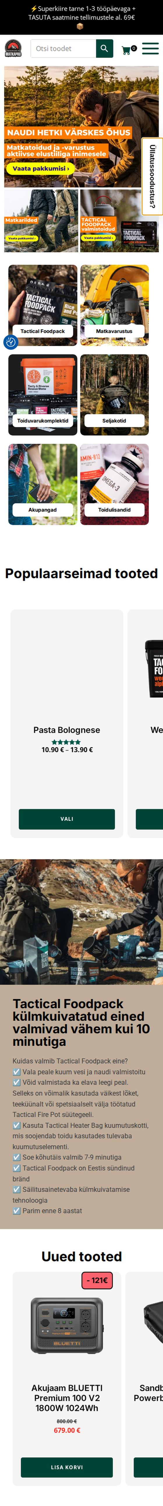 Toidupakk.ee – outdoor food and gear online store – mobile view