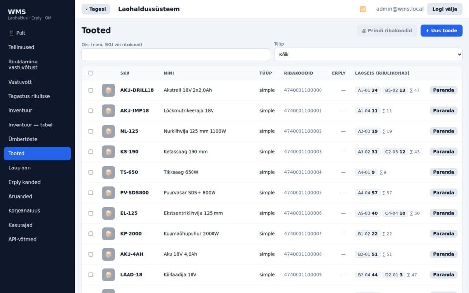 Tööriistamaailm – warehouse management software (WMS) – desktop view